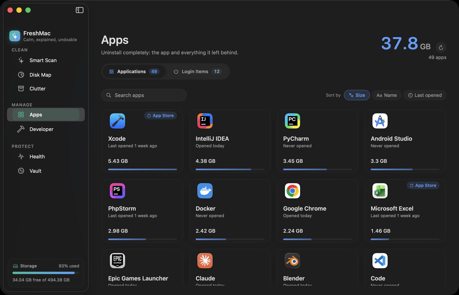 Apps screen: 49 apps sorted by size, each card with its icon, last opened date and total size including related files