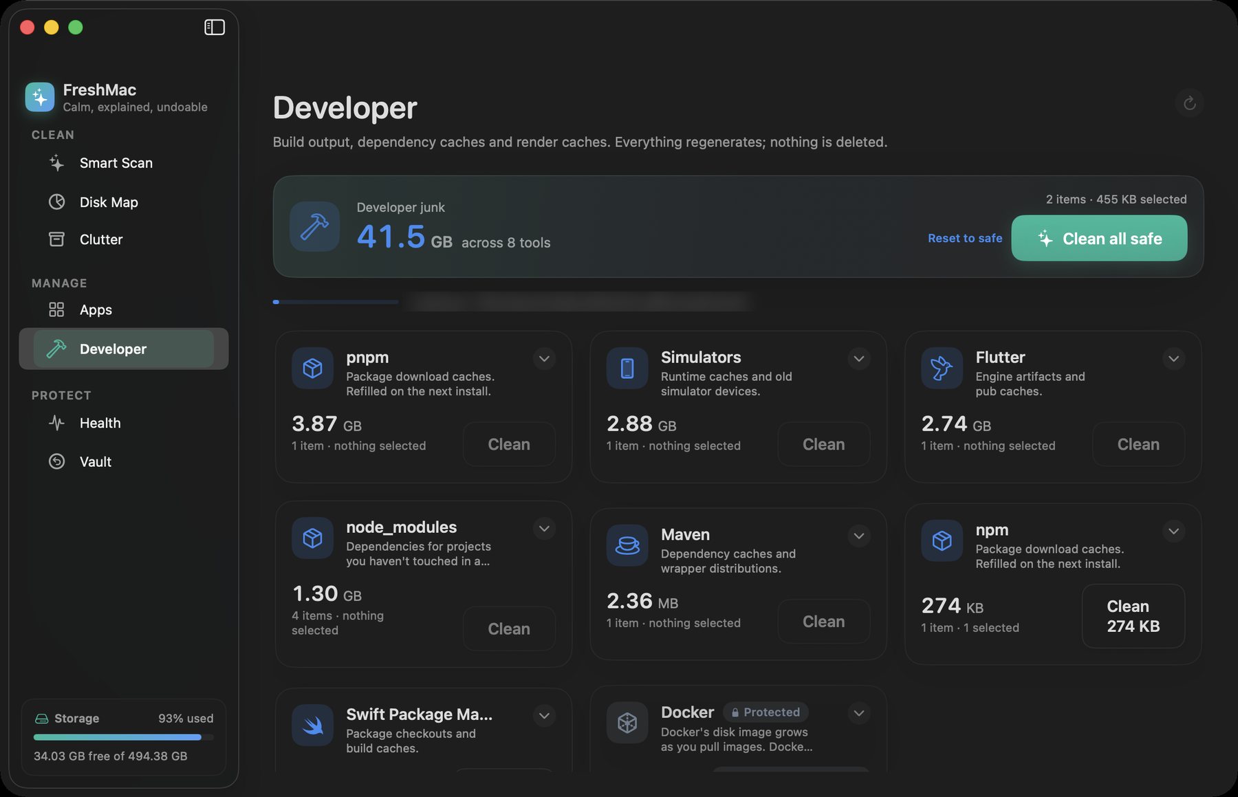 Developer screen: 41.5 GB of developer junk across 8 tools, with cards for pnpm, Simulators, Flutter, node_modules, Maven, npm, Swift Package Manager and a protected Docker card