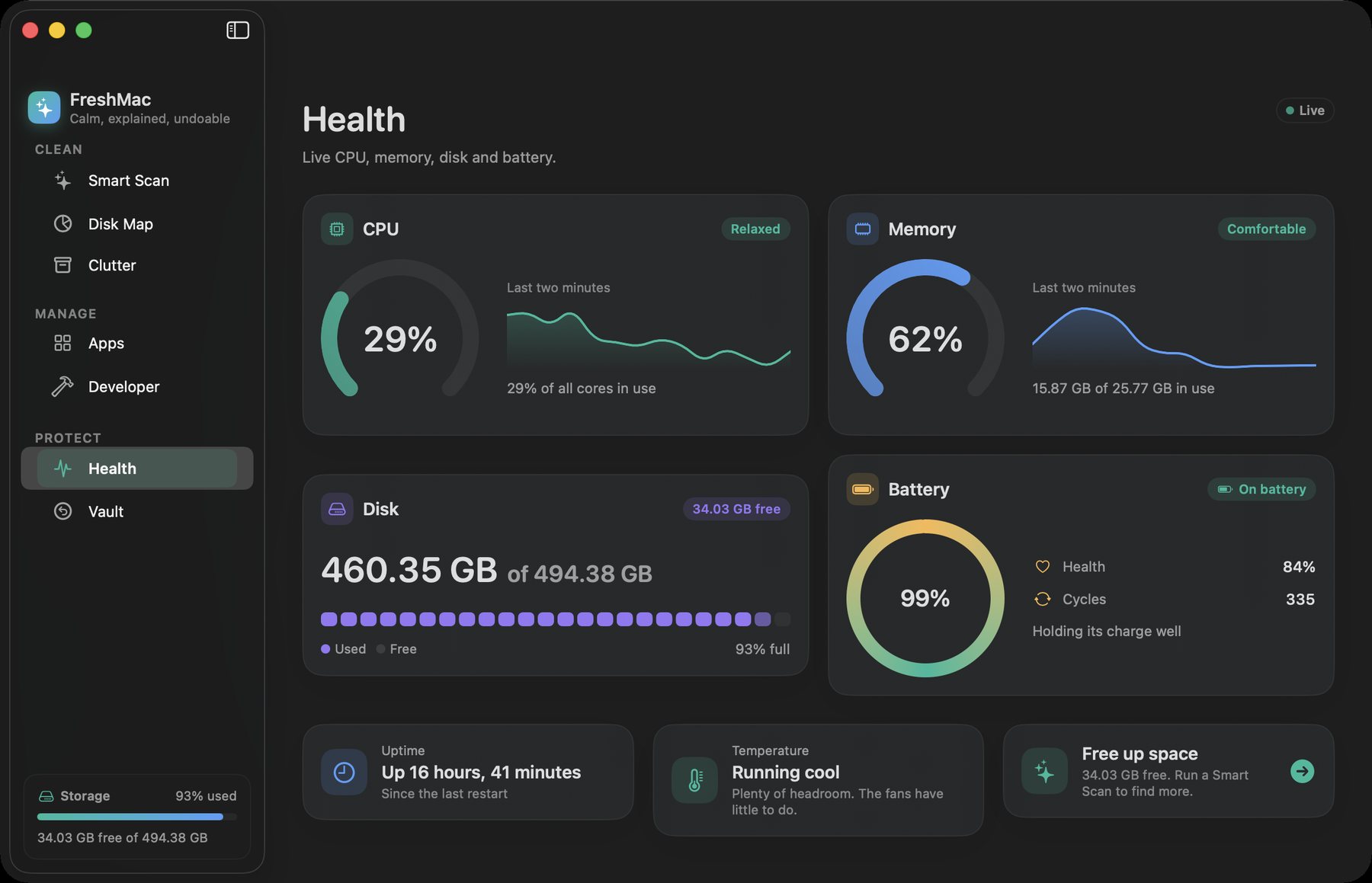 Health: live gauges for CPU, memory, disk and battery with two-minute history graphs