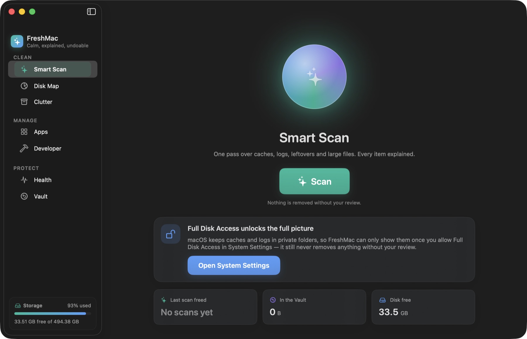 FreshMac Smart Scan ready to start, with the sidebar, the scan button and stat tiles for last scan, Vault and free disk space