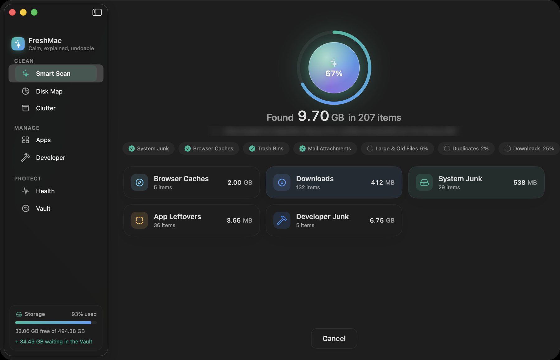 FreshMac scanning at 67 percent: 9.70 GB found in 207 items across browser caches, downloads, system junk, app leftovers and developer junk