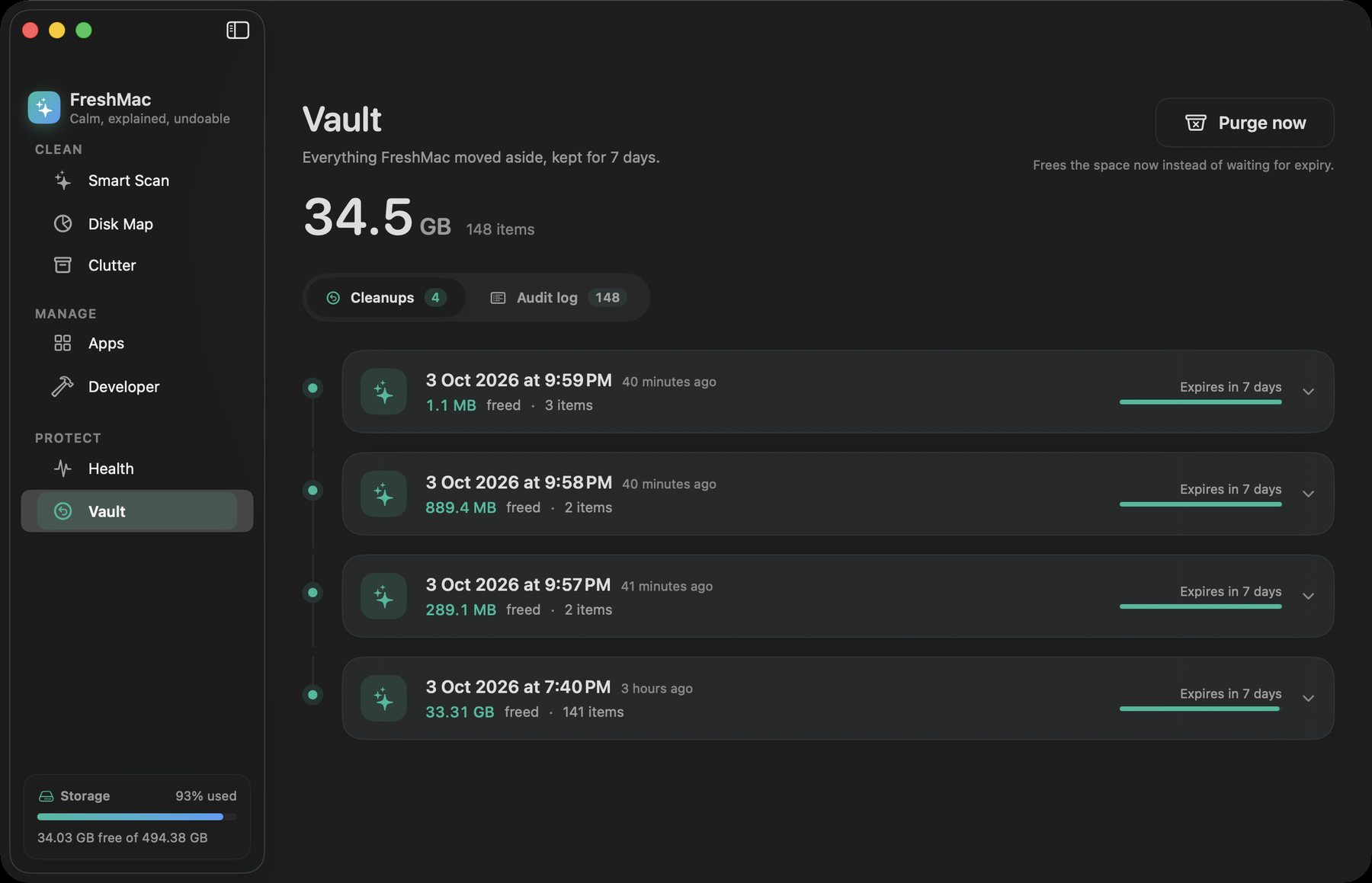 The Vault: four cleanups totalling 34.5 GB, each with the date, size moved aside, item count and days until it expires